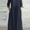 Women's Casual Dress Cotton Linen Dress A Line Dress Maxi Long Dress Cotton Blend Fashion Modern Outdoor Daily Vacation V Neck Ruched Side Pockets 3/4 Length Sleeve Summer Spring Fall 2023 Regular Fit