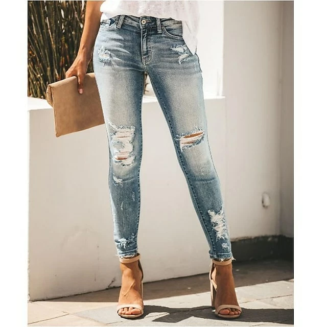 Women‘s Low Rise Jeans Skinny Pants Trousers Ankle-Length Denim Side Pockets Cut Out Micro-elastic Mid Waist Fashion Casual Weekend Light Blue S M 4 Women‘s Low Rise Jeans Skinny Pants Trousers Ankle-Length Denim Side Pockets Cut Out Micro-elastic Mid Waist Fashion Casual Weekend Light Blue S M - Image 2