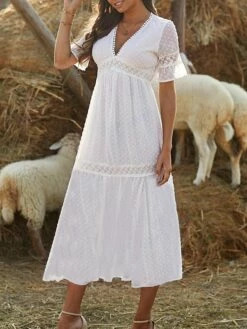 Women's Long Dress Maxi Dress Party Dress Casual Dress Sundress Pure Color Basic Casual Outdoor Daily Vacation Lace Patchwork Half Sleeve V Neck Dress Loose Fit White Summer Spring S M L XL XXL -LIGHTINTHEBOX Shop dxdquz1678356609149