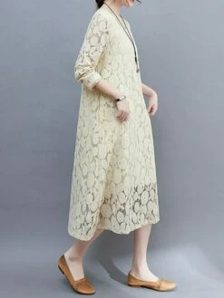 Women's Work Dress Lace Dress Black Dress Fashion Midi Dress Lace Pocket Crew Neck Long Sleeve Plain Loose Fit Black White Pink Fall M L XL XXL 3XL -LIGHTINTHEBOX Shop dxoinw1693281264888