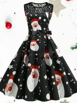 Women's Christmas Party Dress Lace Dress Midi Dress Black Sleeveless Santa Claus Print Hat Lace Ruched Bow Winter Fall Crew Neck Vintage Party 2022 S M L XL 2XL