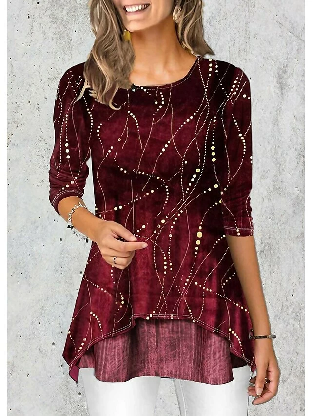 Women's Blouse Wine Blue Purple Graphic Print 3/4 Length Sleeve Daily Going Out Weekend Casual Crew Neck Regular Fit Fall Winter 3 Women's Blouse Wine Blue Purple Graphic Print 3/4 Length Sleeve Daily Going Out Weekend Casual Crew Neck Regular Fit Fall Winter