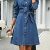Women's Shirt Dress Casual Dress Mini Dress Outdoor Daily Vacation Denim Fashion Classic Shirt Collar Lace Up Button Long Sleeve Fall Winter 2023 Loose Fit Blue Pure Color XS S M L -LIGHTINTHEBOX Shop dyuvyc1695644886914