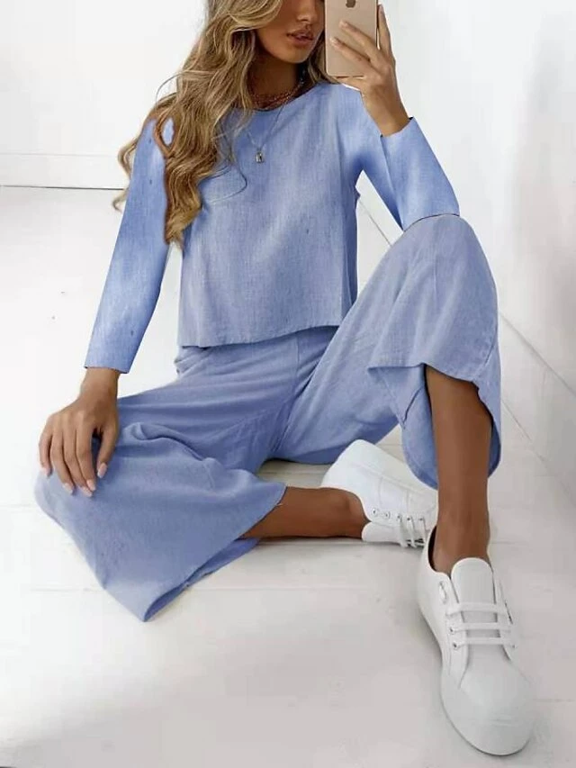 Women's Shirt Pants Sets Black White Brown Plain Long Sleeve Casual Daily Daily Basic Round Neck Regular Fit Fall & Winter 7 Women's Shirt Pants Sets Black White Brown Plain Long Sleeve Casual Daily Daily Basic Round Neck Regular Fit Fall & Winter - Image 5