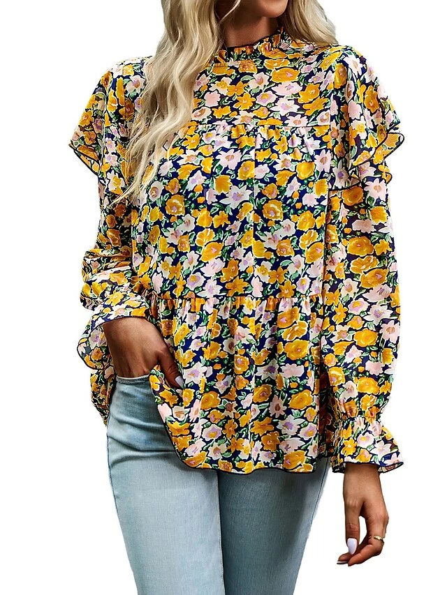 Women's Black Yellow Pink Heart Print Long Sleeve Work Elegant & Luxurious Boat Neck Form Fit Floral Fleece Lined Bell Sleeve Spring & Summer 8 Women's Black Yellow Pink Heart Print Long Sleeve Work Elegant & Luxurious Boat Neck Form Fit Floral Fleece Lined Bell Sleeve Spring & Summer - Image 6