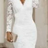 Women's Party Dress Lace Dress Homecoming Dress Mini Dress White Long Sleeve Pure Color Lace Fall Winter V Neck Stylish Winter Dress Fall Dress Loose Fit 2023 M L XL XXL 3XL -LIGHTINTHEBOX Shop dznxwc1661418067723