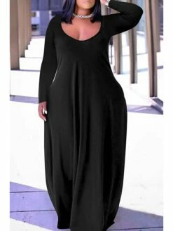 Women‘s Plus Size Curve Sheath Dress Solid Color V Neck Long Sleeve Winter Fall Casual Modern Maxi Long Dress Holiday Weekend Dress -LIGHTINTHEBOX Shop dzsfaa1668674502369