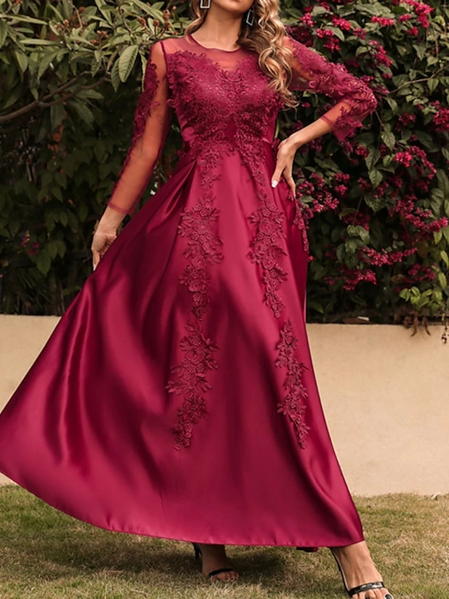Women's Prom Dress Party Dress Lace Dress Long Dress Maxi Dress Red 3/4 Length Sleeve Pure Color Lace Spring Fall Winter Crew Neck Fashion Party Winter Dress Birthday 2023 S M L XL XXL 4 Women's Prom Dress Party Dress Lace Dress Long Dress Maxi Dress Red 3/4 Length Sleeve Pure Color Lace Spring Fall Winter Crew Neck Fashion Party Winter Dress Birthday 2023 S M L XL XXL - Image 2