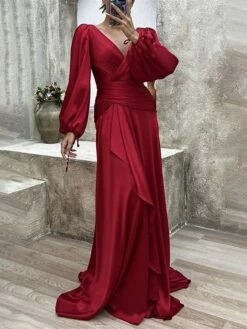 Women's Prom Dress Party Dress Satin Dress Long Dress Maxi Dress Wine Purple Green Long Sleeve Pure Color Lace Up Fall Winter Autumn V Neck Fashion Winter Dress Evening Party Vacation 2023 S M L XL -LIGHTINTHEBOX Shop dzwlut1694596887712