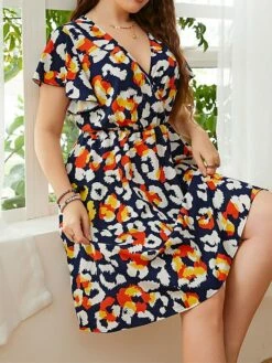 Women‘s Plus Size Curve Casual Sweater Dress Floral Sweater Dress Floral Midi Sweater Dress Short Sleeve Print V Neck Fashion Daily Blue Spring Summer XL XXL 3XL 4XL -LIGHTINTHEBOX Shop ebfssh1676457750772