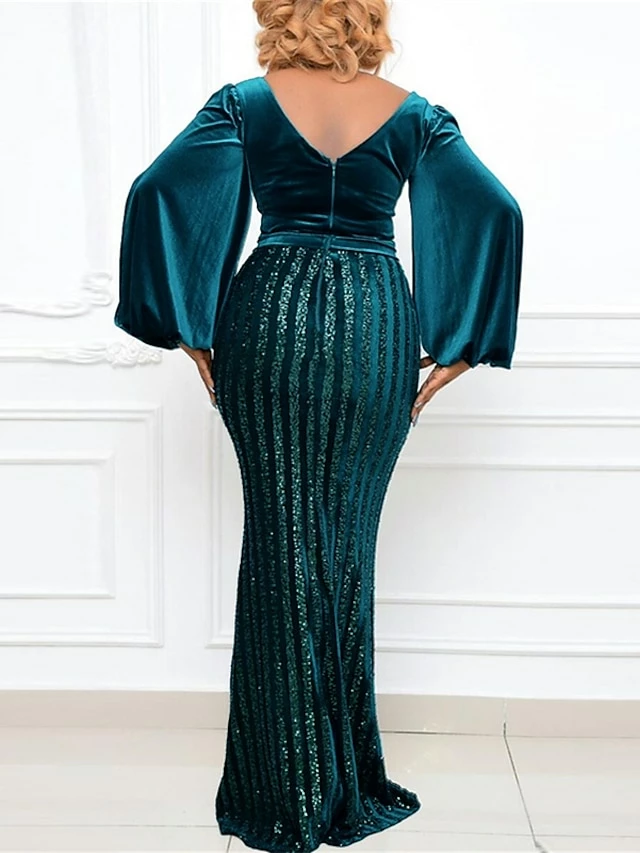 Women‘s Plus Size Curve Wedding Guest Party Dress Velvet Dress Sequin Dress Solid Color V Neck Long Sleeve Fall Winter Stylish Elegant Maxi Long Dress Party Date Dress 5 Women‘s Plus Size Curve Wedding Guest Party Dress Velvet Dress Sequin Dress Solid Color V Neck Long Sleeve Fall Winter Stylish Elegant Maxi Long Dress Party Date Dress - Image 3
