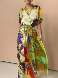 Women's Prom Dress Party Dress Satin Dress Long Dress Maxi Dress Green Long Sleeve Color Block Button Fall Winter Autumn Shirt Collar Fashion Vacation 2023 S M L XL XXL