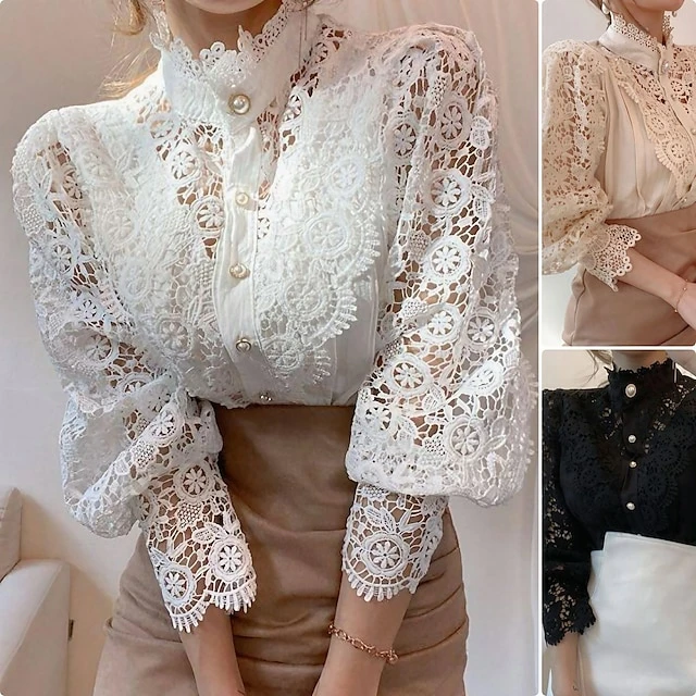 Women's Blouse Black White Apricot Solid Colored Hole Daily Fashion Elegant & Luxurious Elegant Shirt Collar Regular Fit Spring Fall Winter 3 Women's Blouse Black White Apricot Solid Colored Hole Daily Fashion Elegant & Luxurious Elegant Shirt Collar Regular Fit Spring Fall Winter