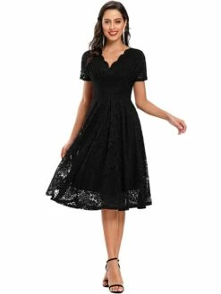 Women's Party Dress Lace Dress Homecoming Dress Midi Dress Black Pink Wine Short Sleeve Pure Color Lace Summer Spring Fall V Neck Fashion Evening Party Wedding Guest Fall Dress 2023 S M L XL -LIGHTINTHEBOX Shop ebwaiz1678263180501