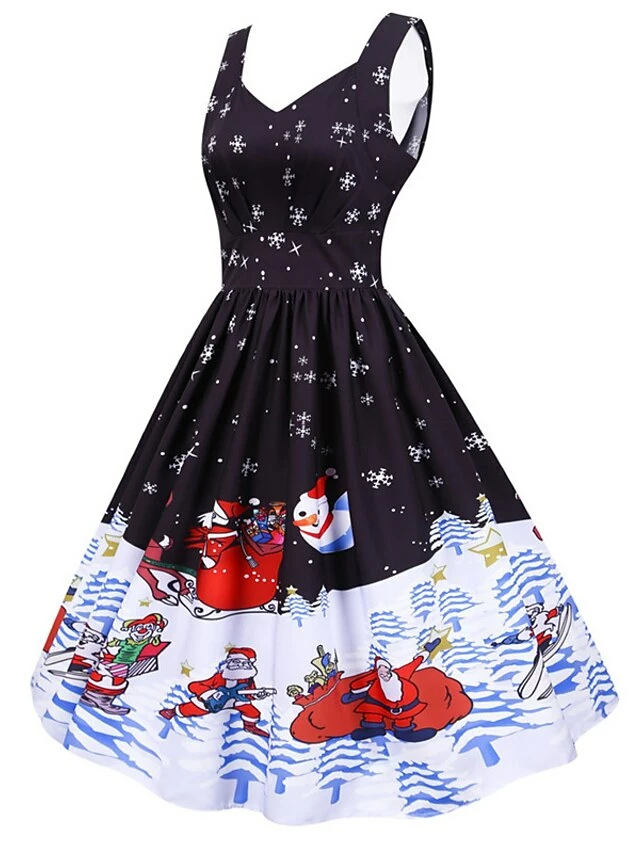 Women's Christmas Knee Length Dress Purple Black Red Navy Blue Light Blue Sleeveless Print Bow Print Fall Winter V Neck Casual Vintage2021 S M L XL XXL 16 Women's Christmas Knee Length Dress Purple Black Red Navy Blue Light Blue Sleeveless Print Bow Print Fall Winter V Neck Casual Vintage2021 S M L XL XXL - Image 14