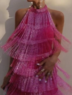 Women's Party Dress Fringe Dress Wedding Guest Dress Mini Dress Aqua Blue Pink Purple Sleeveless Pure Color Tassel Fringe Summer Spring Fall Halter Neck Party Vacation Summer Dress 2023 S M L XL