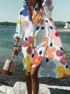 Women's Shirt Dress Shift Dress Swing Dress Midi Dress Outdoor Winter Dress Daily Polyester Vacation Stylish Shirt Collar Button High Low Dress Long Sleeve Spring Fall Winter 2023 Loose Fit White Red