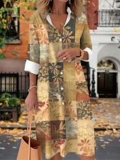 Women's Shirt Dress Casual Dress Midi Dress Outdoor Daily Date Polyester Fashion Modern Shirt Collar Button Pocket Long Sleeve Fall Winter 2023 Loose Fit Brown Khaki Gray Leaf Floral Geometric S M L