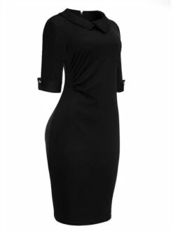 Women's Work Dress Sheath Dress Semi Formal Dress Fashion Office Daily Workfashion Midi Dress Ruched Shirt Collar Half Sleeve Plain Slim Black Wine Navy Blue Fall Winter S M L XL XXL -LIGHTINTHEBOX Shop eedlmz1695030996983
