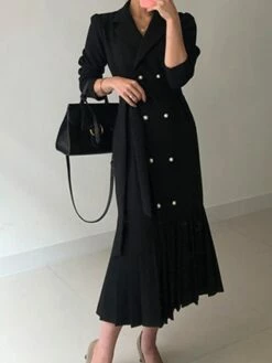 Women's Work Dress Blazer Dress Semi Formal Dress Fashion Office Daily Workfashion Midi Dress Lace Up Pleated Shirt Collar Long Sleeve Plain Loose Fit Black Apricot Fall Winter S M L XL XXL -LIGHTINTHEBOX Shop eevgwv1695805466831