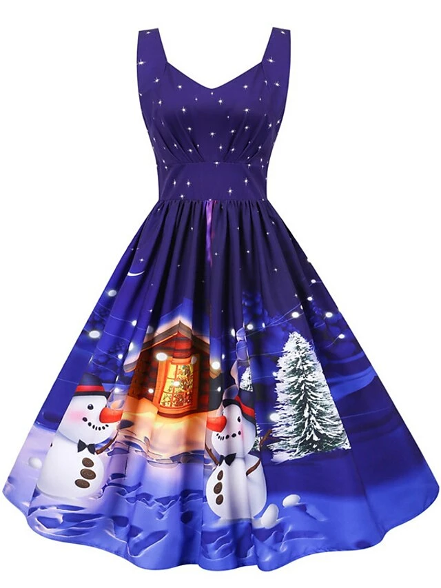 Women's Christmas Knee Length Dress Purple Black Red Navy Blue Light Blue Sleeveless Print Bow Print Fall Winter V Neck Casual Vintage2021 S M L XL XXL 4 Women's Christmas Knee Length Dress Purple Black Red Navy Blue Light Blue Sleeveless Print Bow Print Fall Winter V Neck Casual Vintage2021 S M L XL XXL - Image 2