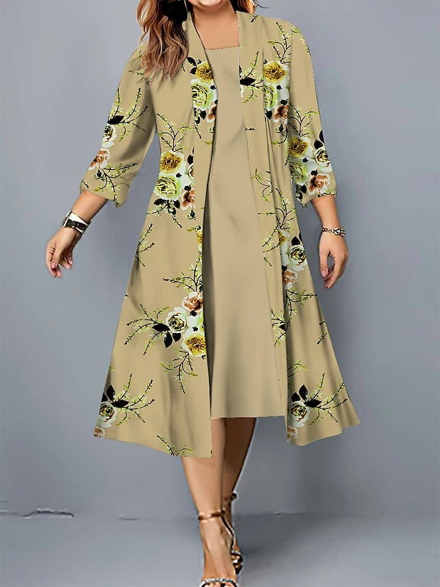 Women's Plus Size Two Piece Dress Set Casual Dress Swing Dress Outdoor Office Fashion Streetwear Print Midi Dress Crew Neck 3/4 Length Sleeve Floral Regular Fit Pink Blue Khaki Fall Winter L XL XXL 4 Women's Plus Size Two Piece Dress Set Casual Dress Swing Dress Outdoor Office Fashion Streetwear Print Midi Dress Crew Neck 3/4 Length Sleeve Floral Regular Fit Pink Blue Khaki Fall Winter L XL XXL - Image 2