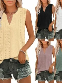 Women's Tank Top Black White Yellow Plain Cut Out Sleeveless Casual Basic V Neck Regular Fit