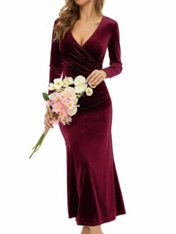 Women‘s Party Dress Wedding Guest Dress Sheath Dress Trumpet / Mermaid Dress Long Dress Maxi Dress Black Wine Purple Long Sleeve Pure Color Ruched Fall Autumn V Neck Elegant Winter Dress Evening Party -LIGHTINTHEBOX Shop eidskx1662695189921