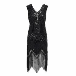 Women's Retro 1920s Fringe Dress Midi Dress Party Halloween Sequins Tassel Fringe Floral V Neck Sleeveless Regular Fit Spring Fall 2023 Black White S M L XL -LIGHTINTHEBOX Shop eijhul1692610416699