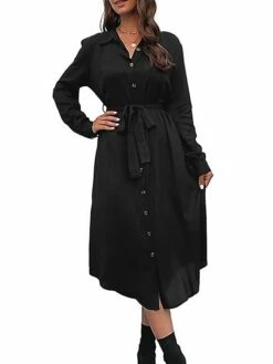 Women's Work Dress Casual Dress Black Dress Fashion Office Daily Workfashion Midi Dress Lace Up Button Shirt Collar Long Sleeve Plain Loose Fit Black Fall Winter S M L XL -LIGHTINTHEBOX Shop eiqock1695105093435