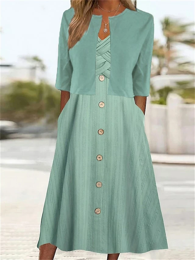 Women's Two Piece Dress Set Casual Dress Outdoor Daily Fashion Modern Ruched Button Midi Dress V Neck Half Sleeve Plain Loose Fit Green Summer Spring S M L XL XXL 3 Women's Two Piece Dress Set Casual Dress Outdoor Daily Fashion Modern Ruched Button Midi Dress V Neck Half Sleeve Plain Loose Fit Green Summer Spring S M L XL XXL