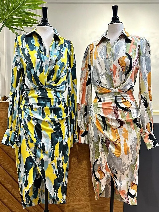 Women's Shirt Dress Casual Dress Bodycon Midi Dress Outdoor Daily Date Polyester Fashion Modern Shirt Collar Button Print Long Sleeve Summer Spring Fall 2023 Regular Fit Orange Green Color Block S M 5 Women's Shirt Dress Casual Dress Bodycon Midi Dress Outdoor Daily Date Polyester Fashion Modern Shirt Collar Button Print Long Sleeve Summer Spring Fall 2023 Regular Fit Orange Green Color Block S M - Image 3