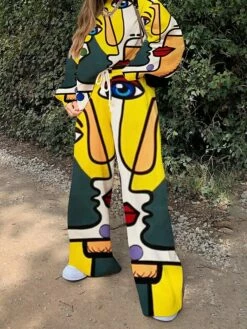 Women's Sweatshirt Pants Sets White Yellow Beige Printing Long Sleeve Daily Vacation Active Streetwear Crew Neck Loose Fit Fall & Winter -LIGHTINTHEBOX Shop ejkmhc1634379335411