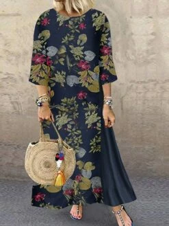 Women's Plus Size Holiday Dress Floral Crew Neck Print 3/4 Length Sleeve Fall Spring Casual Maxi Long Dress Causal Daily Dress / Linen