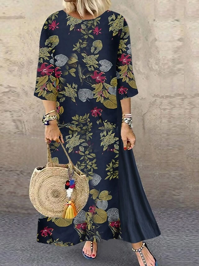 Women's Plus Size Holiday Dress Floral Crew Neck Print 3/4 Length Sleeve Fall Spring Casual Maxi Long Dress Causal Daily Dress / Linen 3 Women's Plus Size Holiday Dress Floral Crew Neck Print 3/4 Length Sleeve Fall Spring Casual Maxi Long Dress Causal Daily Dress / Linen
