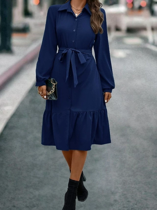 Women's Shirt Dress Casual Dress Maxi Long Dress Outdoor Daily Polyester Basic Classic Shirt Collar Lace Up Button Long Sleeve Spring Fall Winter 2023 Loose Fit Blue Green Pure Color S M L XL 7 Women's Shirt Dress Casual Dress Maxi Long Dress Outdoor Daily Polyester Basic Classic Shirt Collar Lace Up Button Long Sleeve Spring Fall Winter 2023 Loose Fit Blue Green Pure Color S M L XL - Image 5