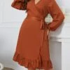 Women's Plus Size Curve Party Dress Wedding Guest Dress Semi Formal Dress Midi Dress Brown Long Sleeve Pure Color Ruffle Spring Fall Winter V Neck Fashion Winter Dress Office Evening Party XL XXL 3XL