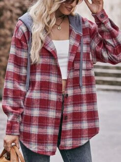 Women's Shirt Blouse Black Red Blue Plaid Pocket Print Long Sleeve Casual Daily Basic Hooded Regular Fit Fall & Winter -LIGHTINTHEBOX Shop eltqjz1691664825126