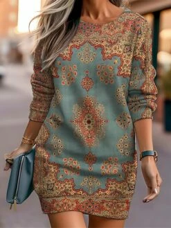 Women's Casual Dress Sweatshirt Dress Mini Dress Warm Fashion Outdoor Vacation Going Out Crew Neck Print Geometric Loose Fit Red Blue Brown S M L XL XXL