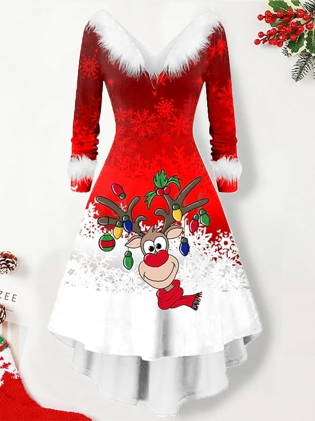 Women's Christmas Swing Dress Vintage Dress Midi Dress Green Silver Wine Red Brown White Long Sleeve Print Plus High Low Print Winter Fall V Neck Vintage Romantic Traditional 2022 S M L XL 2XL 4 Women's Christmas Swing Dress Vintage Dress Midi Dress Green Silver Wine Red Brown White Long Sleeve Print Plus High Low Print Winter Fall V Neck Vintage Romantic Traditional 2022 S M L XL 2XL - Image 2