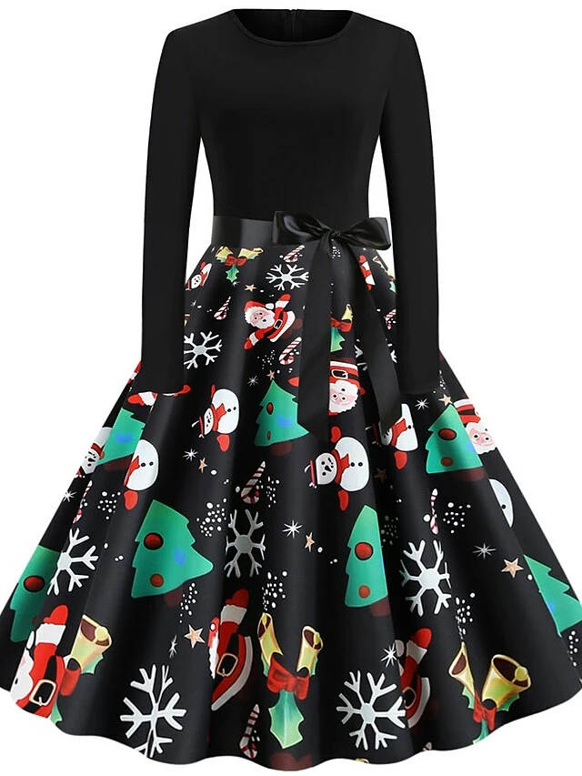 Women's Christmas Knee Length Dress Green White Black Rainbow Red Long Sleeve Print Snowflake Santa Claus Print Fall Winter Crew Neck Casual Vintage Party 2022 S M L XL XXL 5 Women's Christmas Knee Length Dress Green White Black Rainbow Red Long Sleeve Print Snowflake Santa Claus Print Fall Winter Crew Neck Casual Vintage Party 2022 S M L XL XXL - Image 3