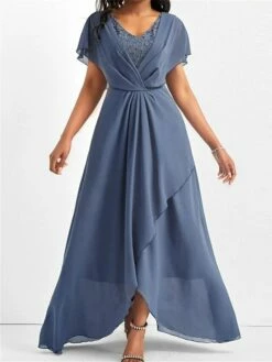 Women's Party Dress Homecoming Dress Wedding Guest Dress Long Dress Maxi Dress Blue Short Sleeve Pure Color Lace Summer Spring V Neck Fashion Birthday Evening Party Wedding Guest 2023 S M L XL 2XL 3XL