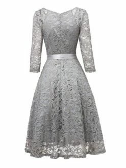 Women‘s Vintage Tea Dresses Party Dress Lace Dress Homecoming Dress Knee Length Dress Pink Wine Navy Blue 3/4 Length Sleeve Pure Color Lace Summer Spring Fall V Neck Classic Winter Dress -LIGHTINTHEBOX Shop eofqua1600920046568