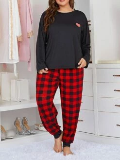 Women's Sweatshirt Pants Sets Christmas Shirt Red Blue Plaid Print Long Sleeve Casual Holiday Fashion Christmas Round Neck Loose Fit Fall & Winter