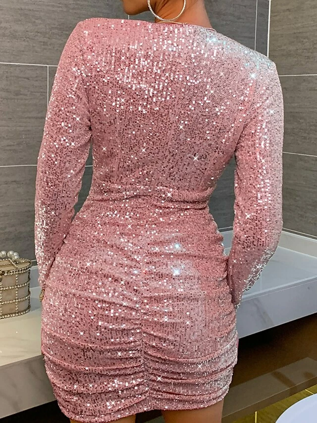 Women‘s Formal Party Dress Sequin Dress Holiday Dress Black Gold Pink Long Sleeve Pure Color Sequins Winter Fall Autumn V Neck Winter Dress 2023 S M L XL 6 Women‘s Formal Party Dress Sequin Dress Holiday Dress Black Gold Pink Long Sleeve Pure Color Sequins Winter Fall Autumn V Neck Winter Dress 2023 S M L XL - Image 4