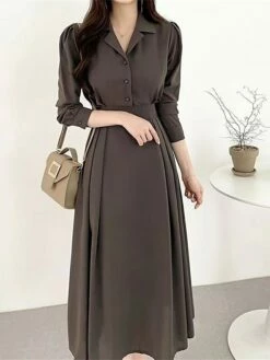 Women's Work Dress Semi Formal Dress A Line Dress Fashion Office Daily Workfashion Midi Dress Ruched Button Shirt Collar Long Sleeve Plain Loose Fit Black Brown Apricot Fall Winter S M L XL -LIGHTINTHEBOX Shop eqlrue1695805444045