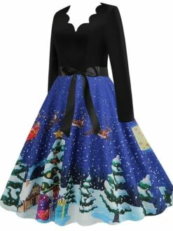 Women's Christmas Casual Dress Swing Dress Midi Dress Blue Purple Royal Blue Light Blue White Long Sleeve Santa Claus Elk Tree Bow Print Winter Fall V Neck Vacation Vintage 2022 S M L XL -LIGHTINTHEBOX Shop eqlwcy1666927317347
