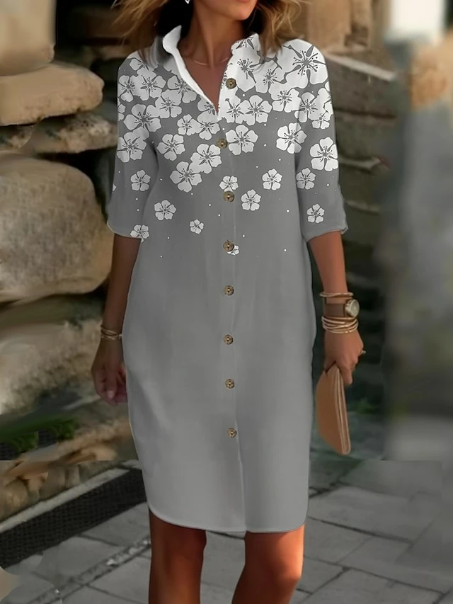 Women's Shirt Dress Casual Dress Cotton Linen Dress Midi Dress Polyester Fashion Casual Daily Outdoor Daily Vacation Shirt Collar Button Print 3/4 Length Sleeve Summer Spring Fall 2023 Loose Fit 4 Women's Shirt Dress Casual Dress Cotton Linen Dress Midi Dress Polyester Fashion Casual Daily Outdoor Daily Vacation Shirt Collar Button Print 3/4 Length Sleeve Summer Spring Fall 2023 Loose Fit - Image 2