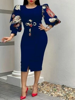 Women‘s Sheath Dress Knee Length Dress Black White Yellow Long Sleeve Floral Puff Sleeve Winter Fall Autumn Crew Neck Party Winter Dress Fall Dress Slim 2023 S M L XL XXL XXXL -LIGHTINTHEBOX Shop erxnvn1624268741656