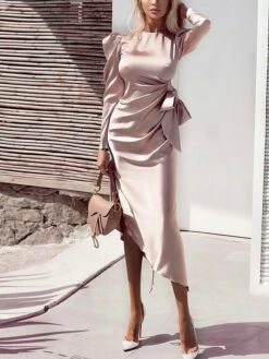 Women‘s Party Dress Wedding Guest Dress Satin Dress Pink Dress Midi Dress Pink Long Sleeve Print Ruched Winter Fall Autumn Crew Neck Elegant Wedding Party Winter Dress 2023 S M L XL XXL -LIGHTINTHEBOX Shop erzkmx1627550615748